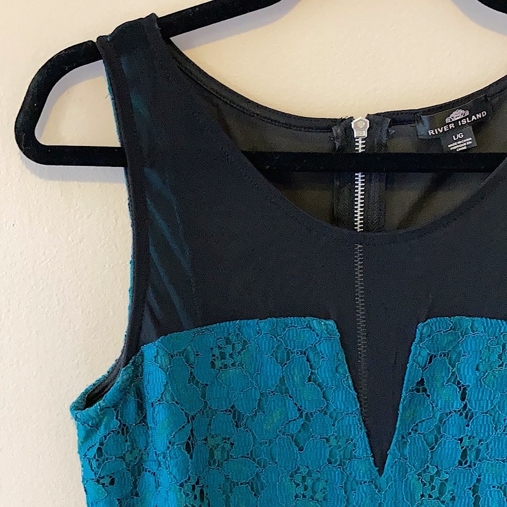 HP!๐ River Island, Mini Dress, Teal Lace w/Black Mesh, Sleeveless, Party, Sz L - Picture 3 of 13